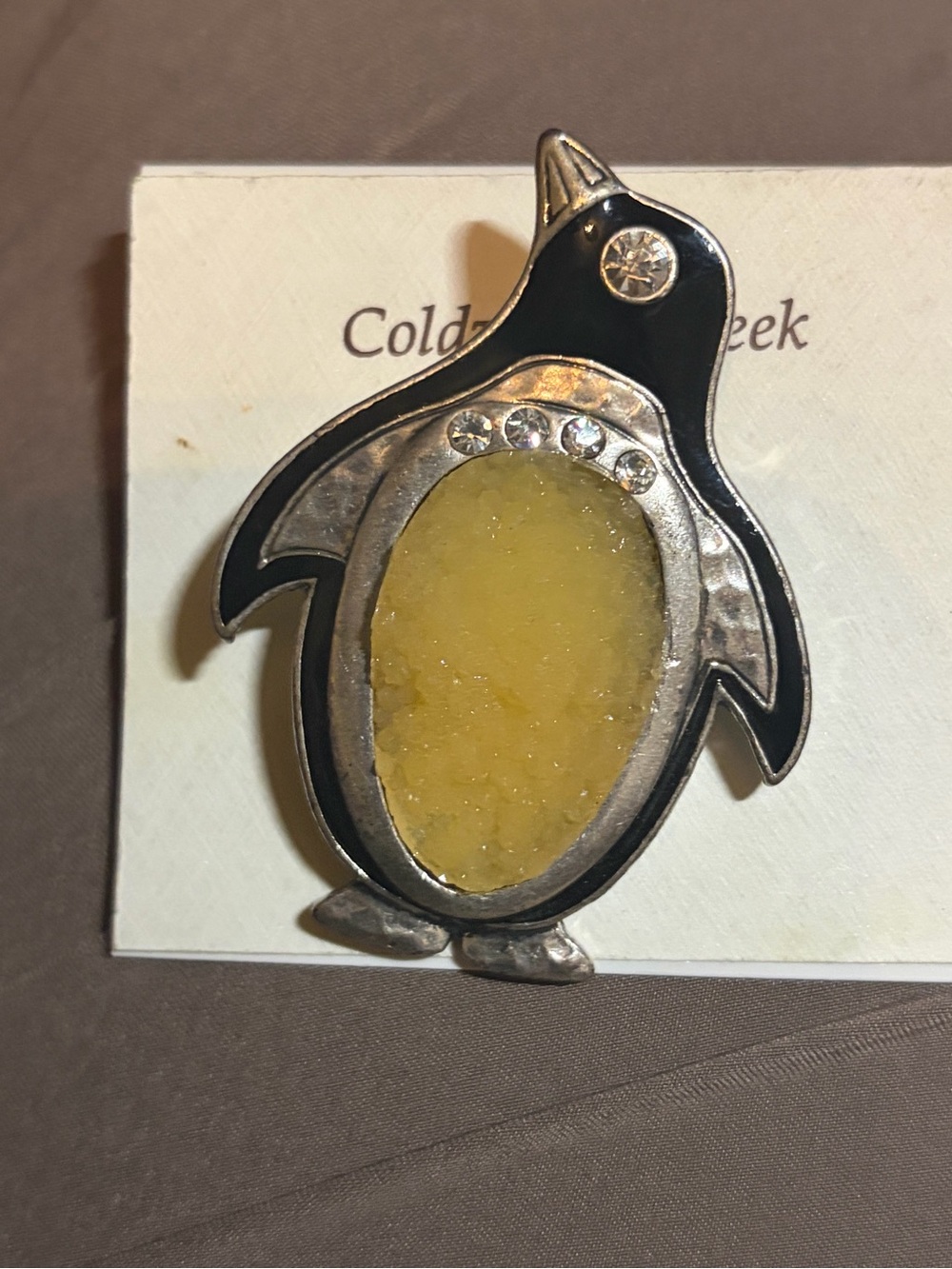 Penguin Brooch with Yellow Druzy and Black Enamel